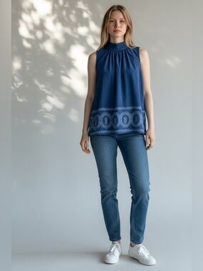 Crown & Ivy Navy Sleeveless Mock Neck Embroidered Hem Blouse XL